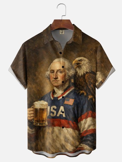 Moisture-Wicking U.S. Independence Day Founding Fathers Beer & Bald Eagle  Chest Pocket Festive Hawaiian Shirt