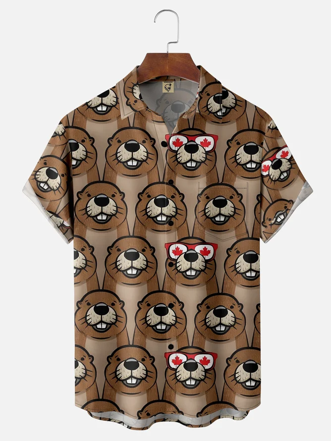 Tall Size Moisture-wicking Canada Day American Beaver Maple Leaf Chest Pocket Hawaiian Shirt