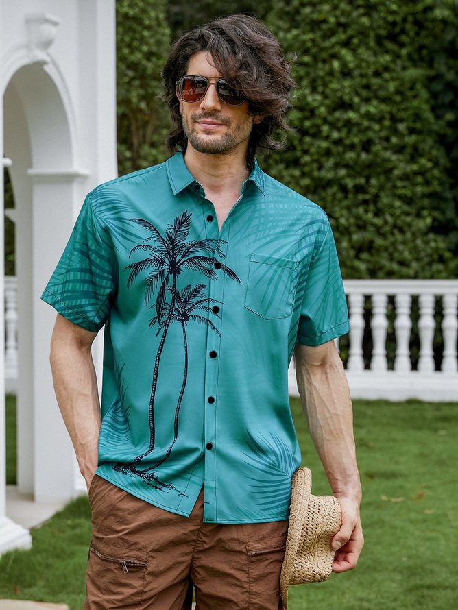 Coconut Tree Chest Pocket Short Sleeve Hawaiian Shirt