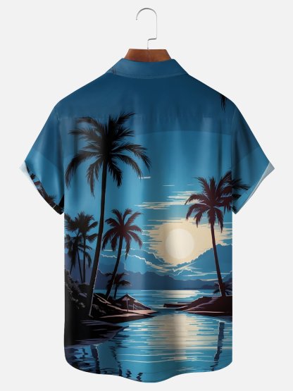 Moisture-wicking Coconut Tree Beach Chest Pocket Hawaiian Shirt