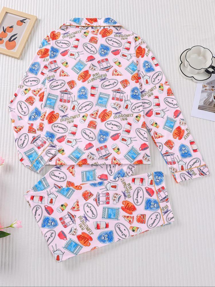 Women's Stars Hollow Gilmore Girls Pajama Set, Casual Fitted Long Sleeve Top & Elastic Pants, Comfortable Sleepwear for Holiday Party