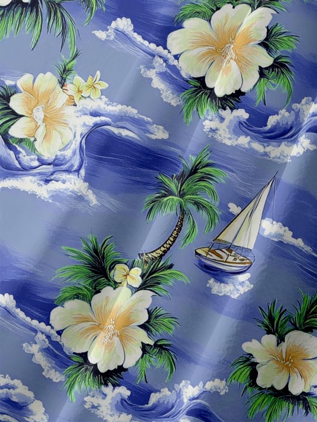Moisture-wicking Palm Tree Hibiscus Flower Sailing Boat Chest Pocket Hawaiian Shirt