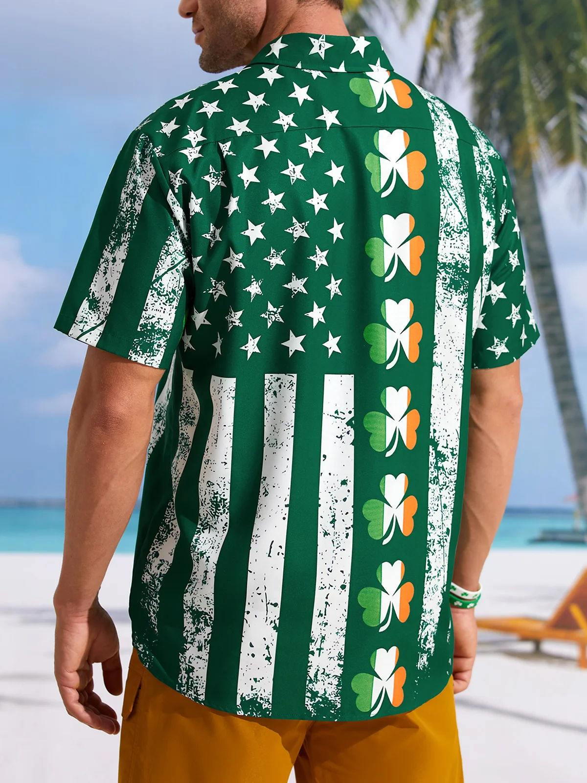 Hawaiian Button Up Shirt for Men Green St. Patrick's Day Lucky Clover American Flag Sharmark Regular Fit Short Sleeve Shirt St Paddy's Day Shirt