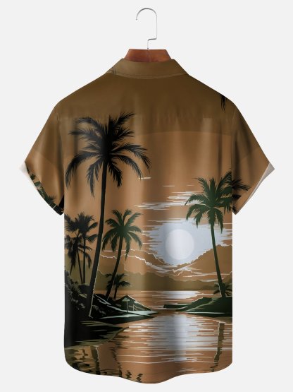 Moisture-wicking Coconut Tree Beach Chest Pocket Hawaiian Shirt