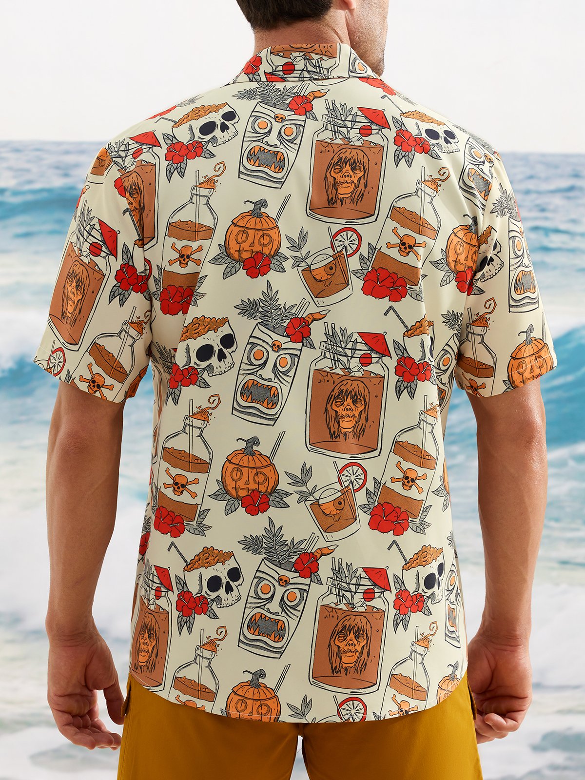 Men's Retro Drink TIKI Skull Print Casual Breathable Hawaiian Short Sleeve Shirt