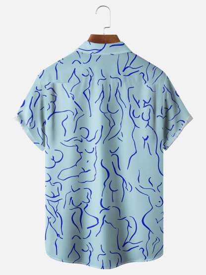 Moisture-wicking Art Blue Abstract Line Drawing Chest Pocket Hawaiian Titty Shirt