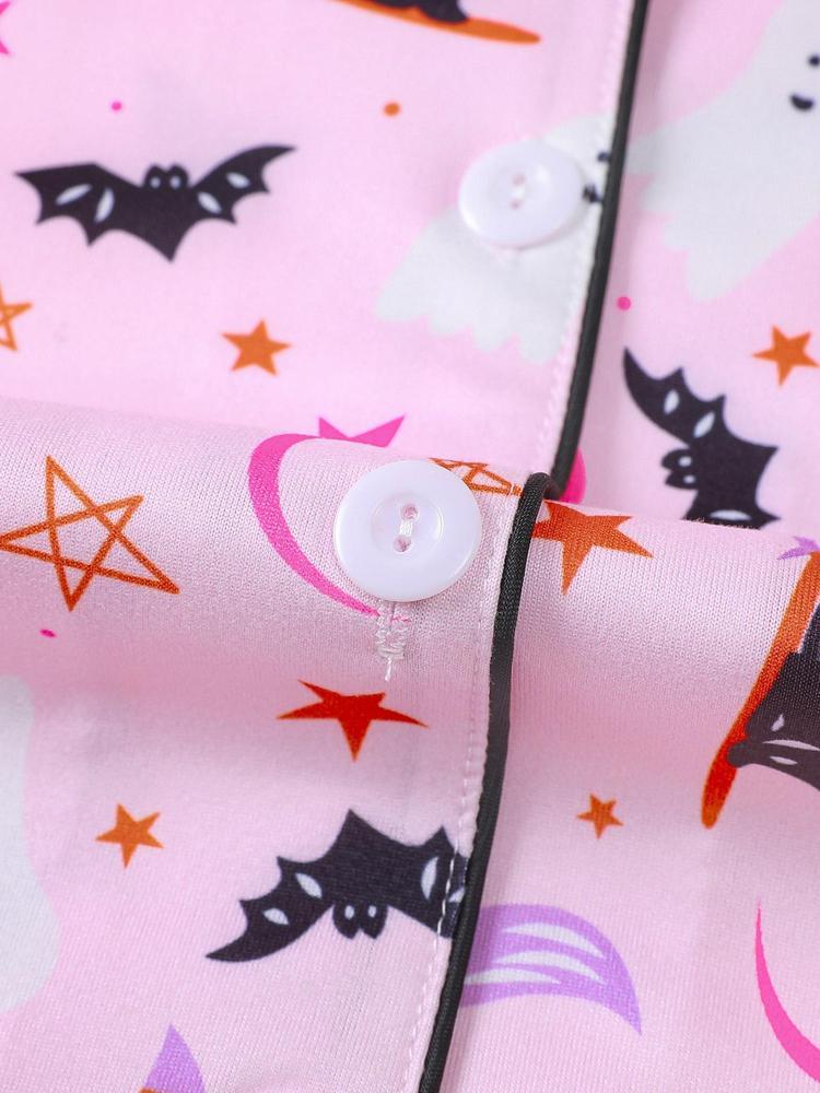 【Halloween】Women's Halloween Pajama Set, Cute Pumpkin Ghost Print, Short Sleeve Lapel Shirt & Elastic Shorts, Casual All-Season Sleepwear