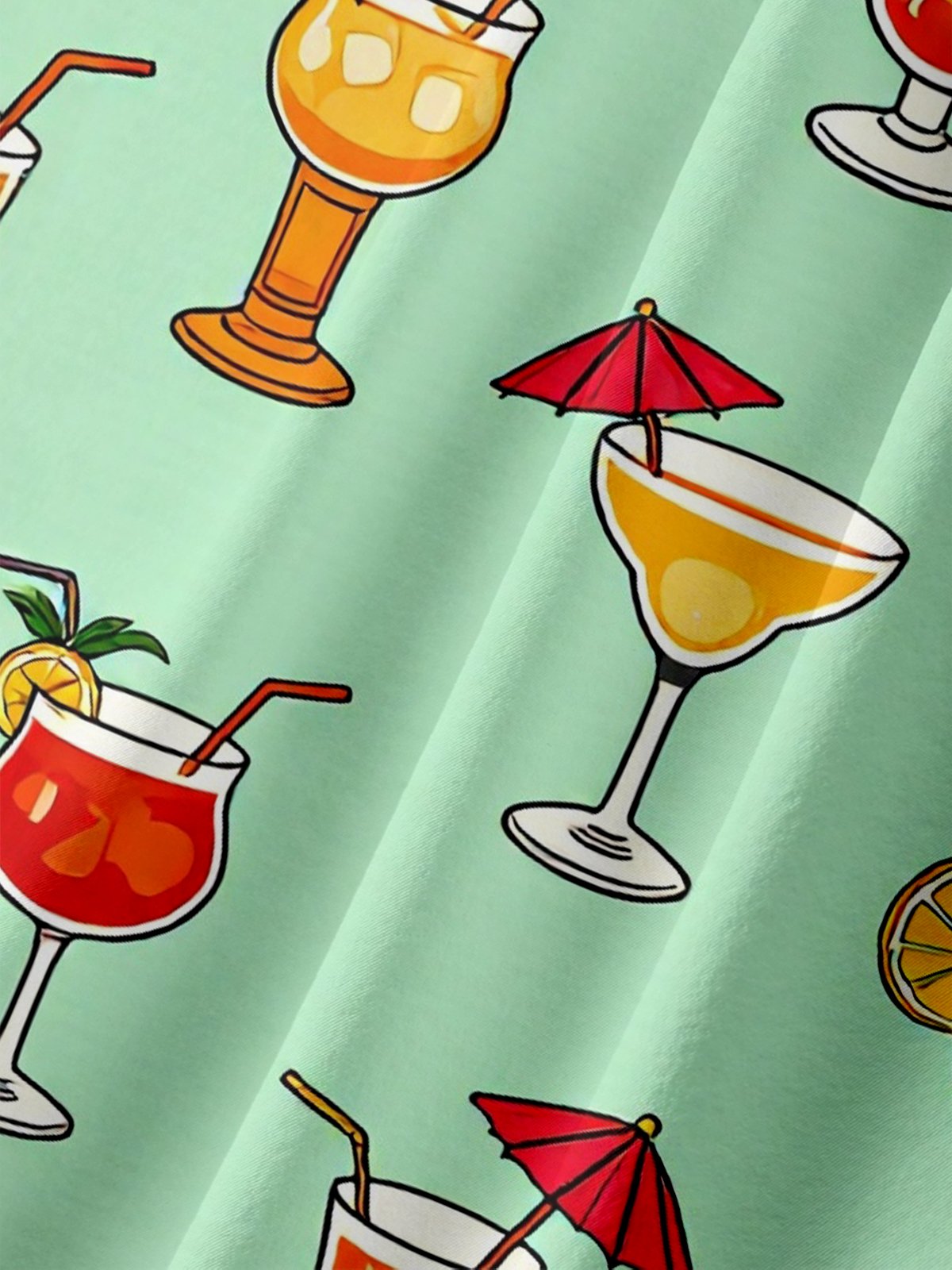 Moisture-Wicking Cocktail & Lemon Slice Print Chest Pocket Hawaiian Shirt