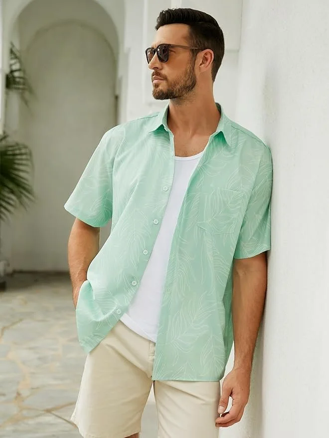 Tropical Leaf Chest Pocket Short Sleeve Beach Hawaiian Shirt