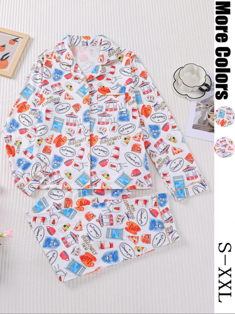 Women's Stars Hollow Gilmore Girls Pajama Set, Casual Fitted Long Sleeve Top & Elastic Pants, Comfortable Sleepwear for Holiday Party