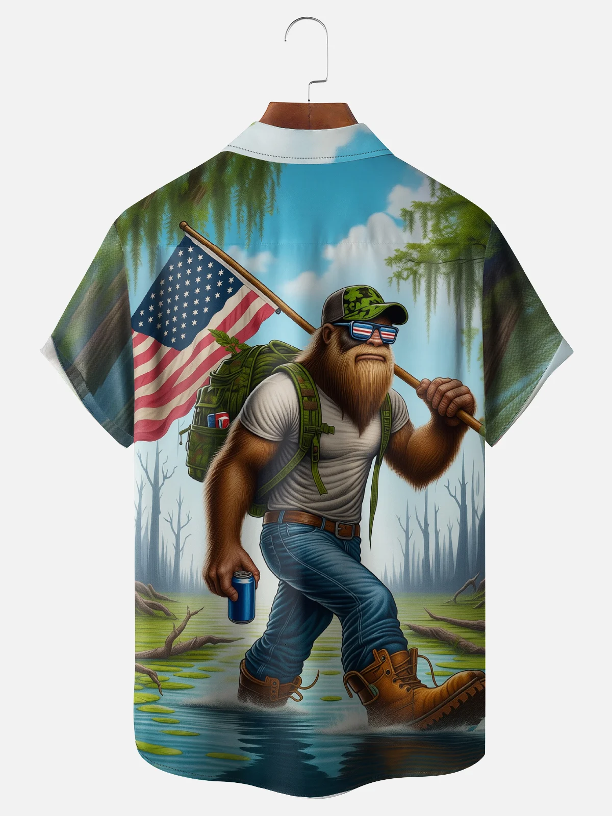 Moisture-Wicking U.S. Independence Commemorative Edition Beer Bigfoot Chest Pocket Festive Hawaiian Shirt