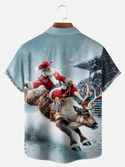 Big Size Moisture-wicking Wild Santa Cowboy Chest Pocket Hawaiian Shirt