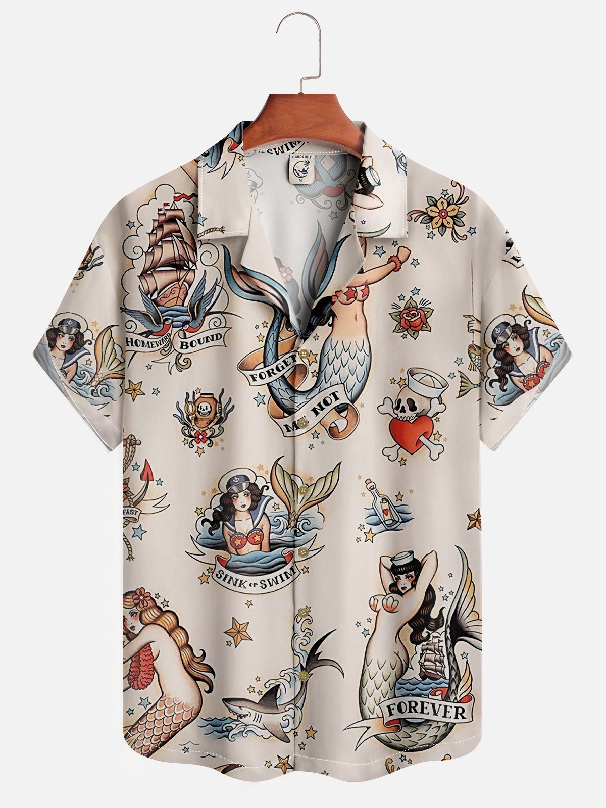 Mens Mermaid Print Front Buttons Soft Breathable Loose Casual Hawaiian Shirt