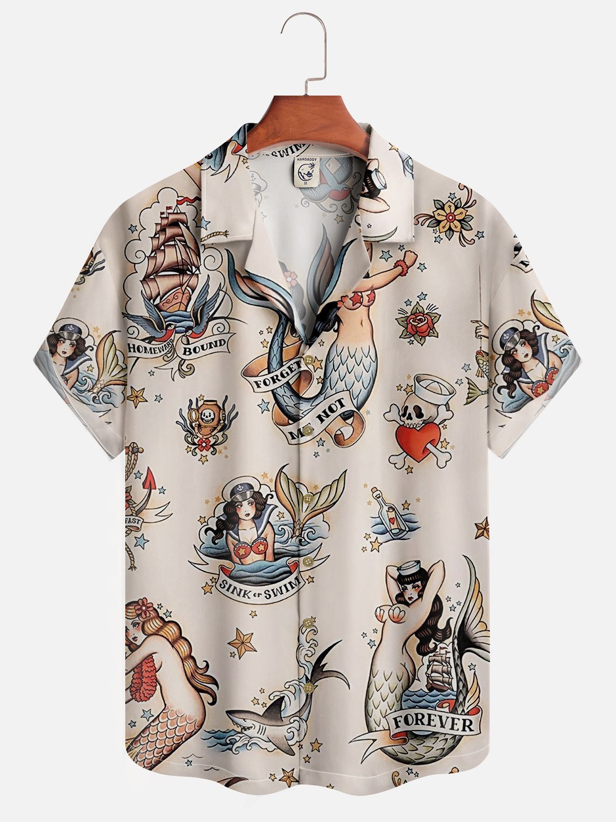 Mens Mermaid Print Front Buttons Soft Breathable Loose Casual Hawaiian Shirt
