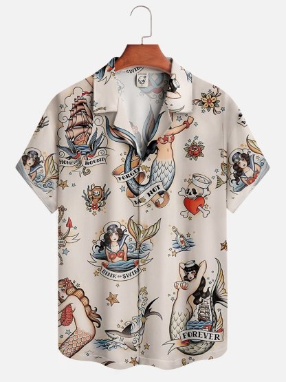 Mens Mermaid Print Front Buttons Soft Breathable Loose Casual Hawaiian Shirt