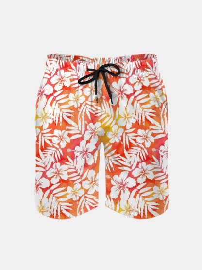 Men's Swim Trunks Hawaiian Tropical Hibiscus Flower Beach Shorts with Pockets