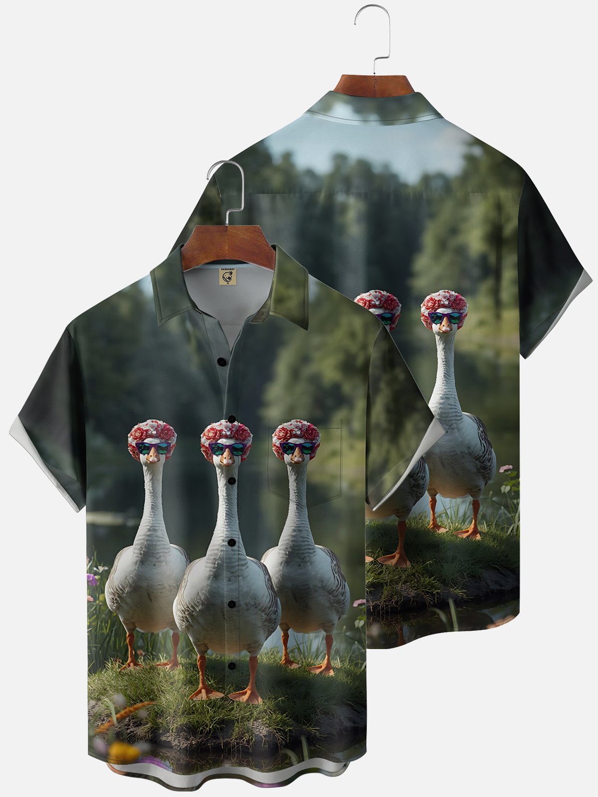 Moisture-Wicking  Fun Goose Chest Pocket Holiday Hawaiian Shirt