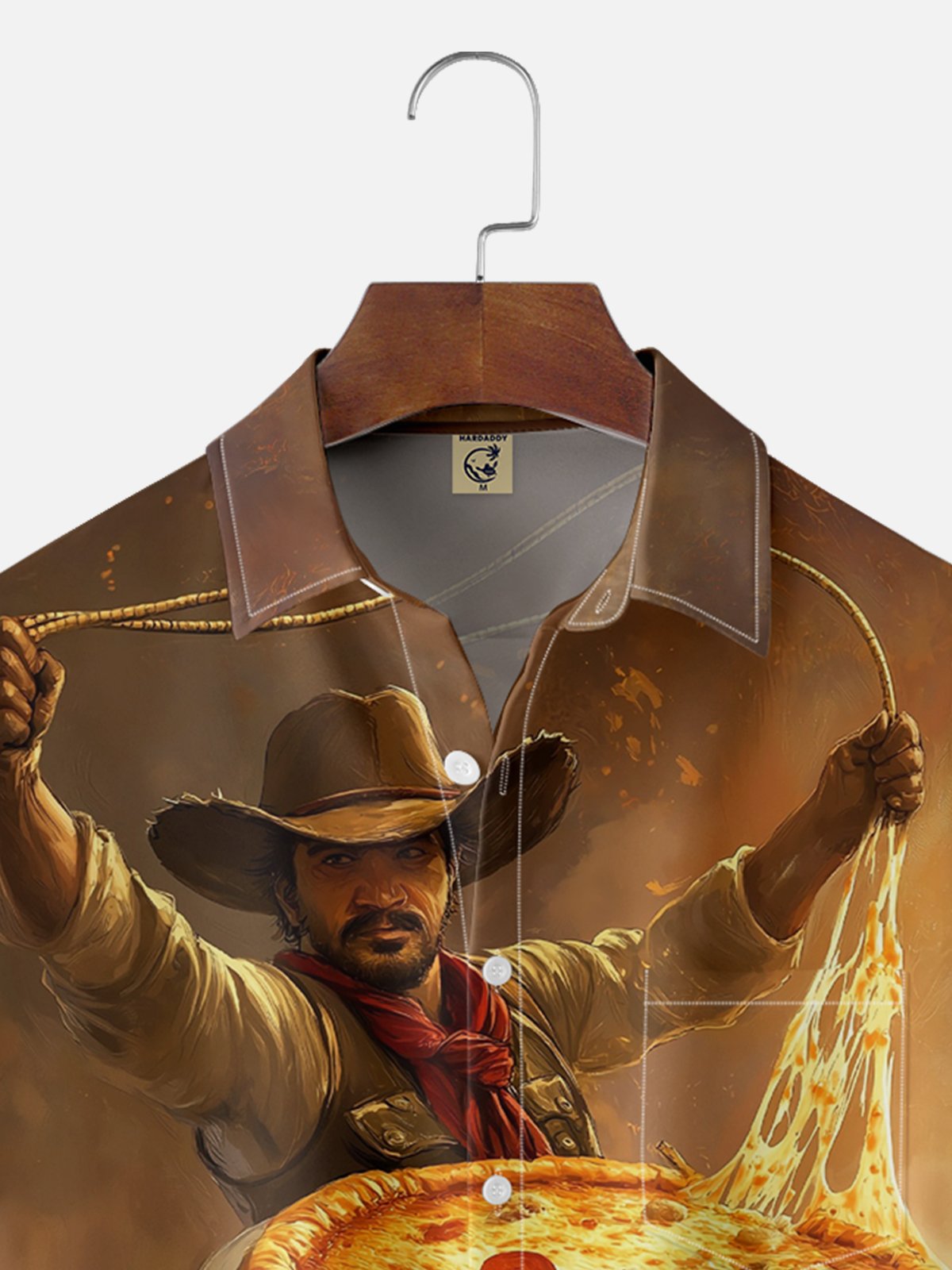 Moisture Wicking Western Cowboy Taming Pizza Wave Chest Pocket Hawaiian Shirt