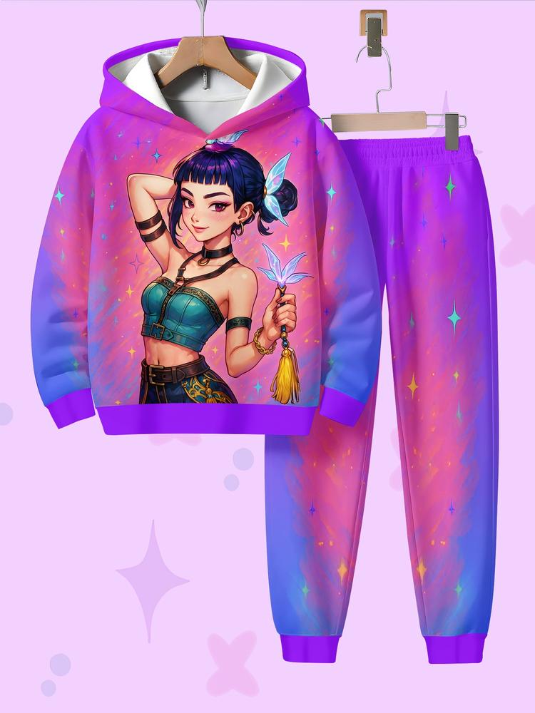 Huntress Style Fantasy Girl Hoodie Set, Vibrant Colors, Fitted Design, Unique Props, Star Elements, Casual Fall & Winter Fashion
