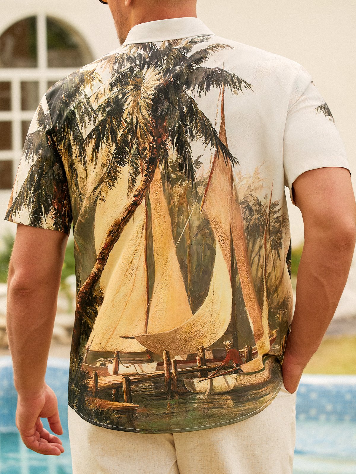 Mens Hawaiian Leaves Print Lapel Loose Chest Pockets Short Sleeve Funky Aloha Shirt