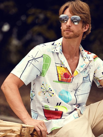 Men's Geometric Casual Short Sleeve Hawaiian Shirt with Chest Pocket