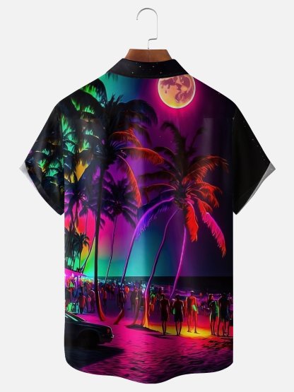 Moisture-wicking Dreamy Beach Coconut Tree Chest Pocket Hawaiian Shirt