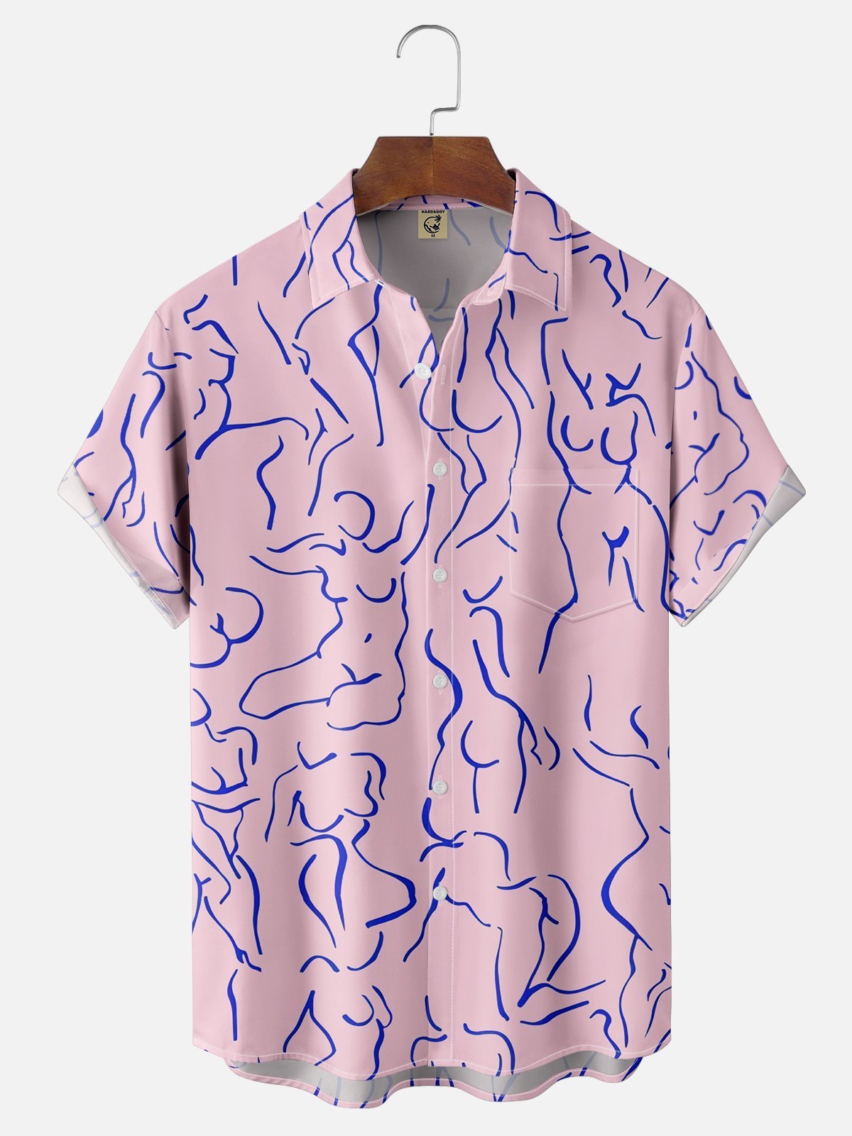 Moisture-wicking Art Blue Abstract Line Drawing Chest Pocket Hawaiian Titty Shirt