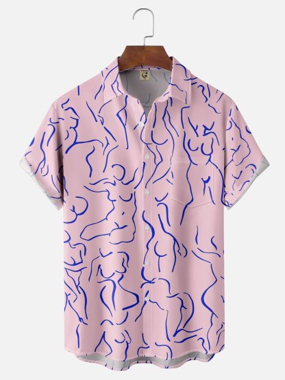 Moisture-wicking Art Blue Abstract Line Drawing Chest Pocket Hawaiian Titty Shirt