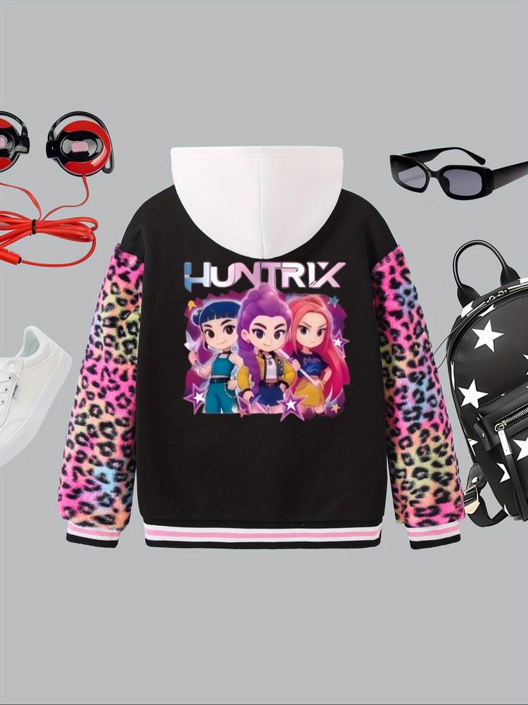 Girls Kpop Demon Hunter Spring Fall Fashion Trendy Baseball Jacket, Casual Cute Outerwear, Cute Cartoon Design Outerwear, Perfect Gift for Birthdays & Holidays