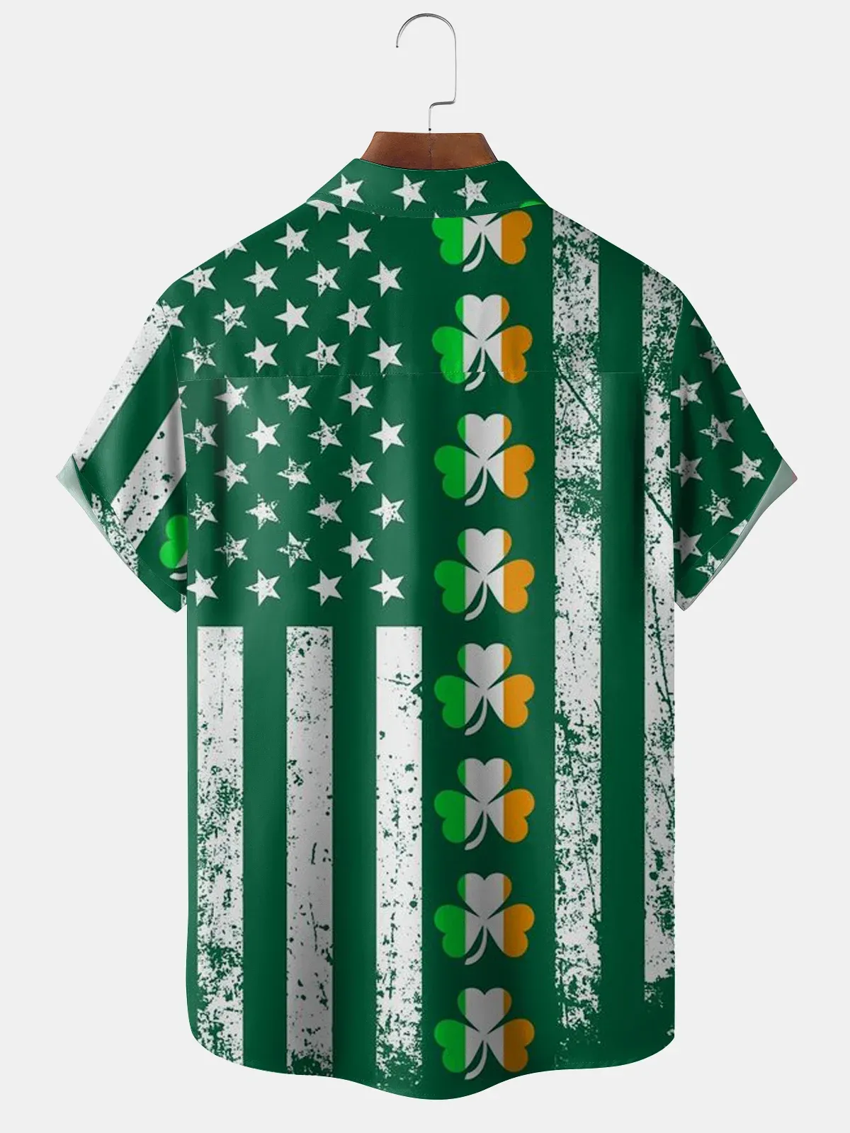Hawaiian Button Up Shirt for Men Green St. Patrick's Day Lucky Clover American Flag Sharmark Regular Fit Short Sleeve Shirt St Paddy's Day Shirt