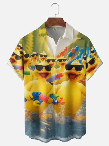 Moisture-Wicking Fun Pool Duck Chest Pocket Holiday Hawaiian Shirt