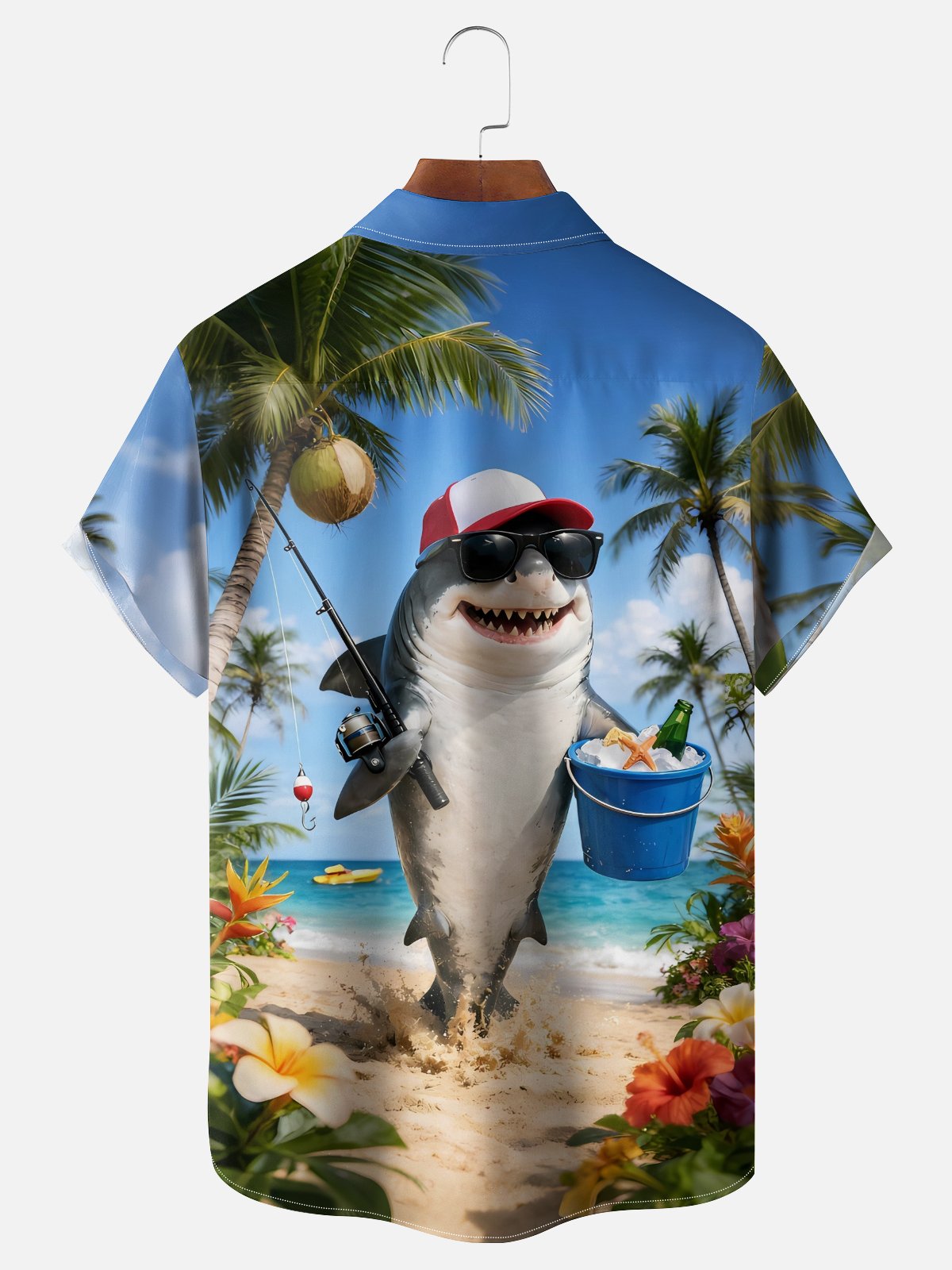 Moisture-wicking Shark Beach Coconut Tree Chest Pocket Hawaiian Shirt