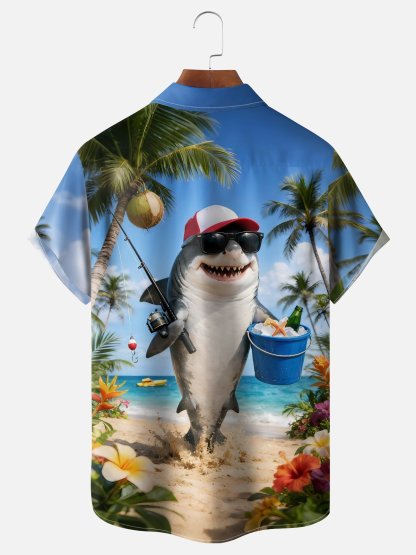 Moisture-wicking Shark Beach Coconut Tree Chest Pocket Hawaiian Shirt