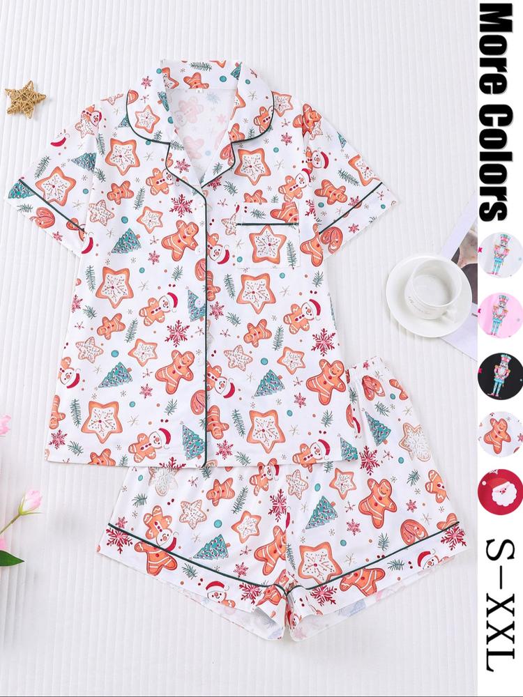 【Christmas】Women's Christmas Pajama Set, Cute Gingerbread Man Print, Button Front Short Sleeve Top & Loose Shorts, Casual All-Season Sleepwear
