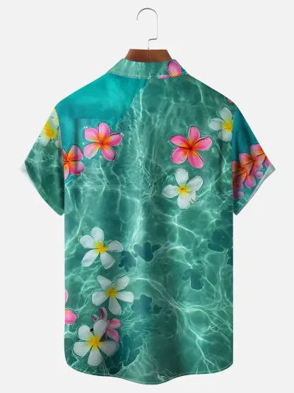Moisture-wicking Art Ocean Flowers Chest Pocket Hawaiian Shirt