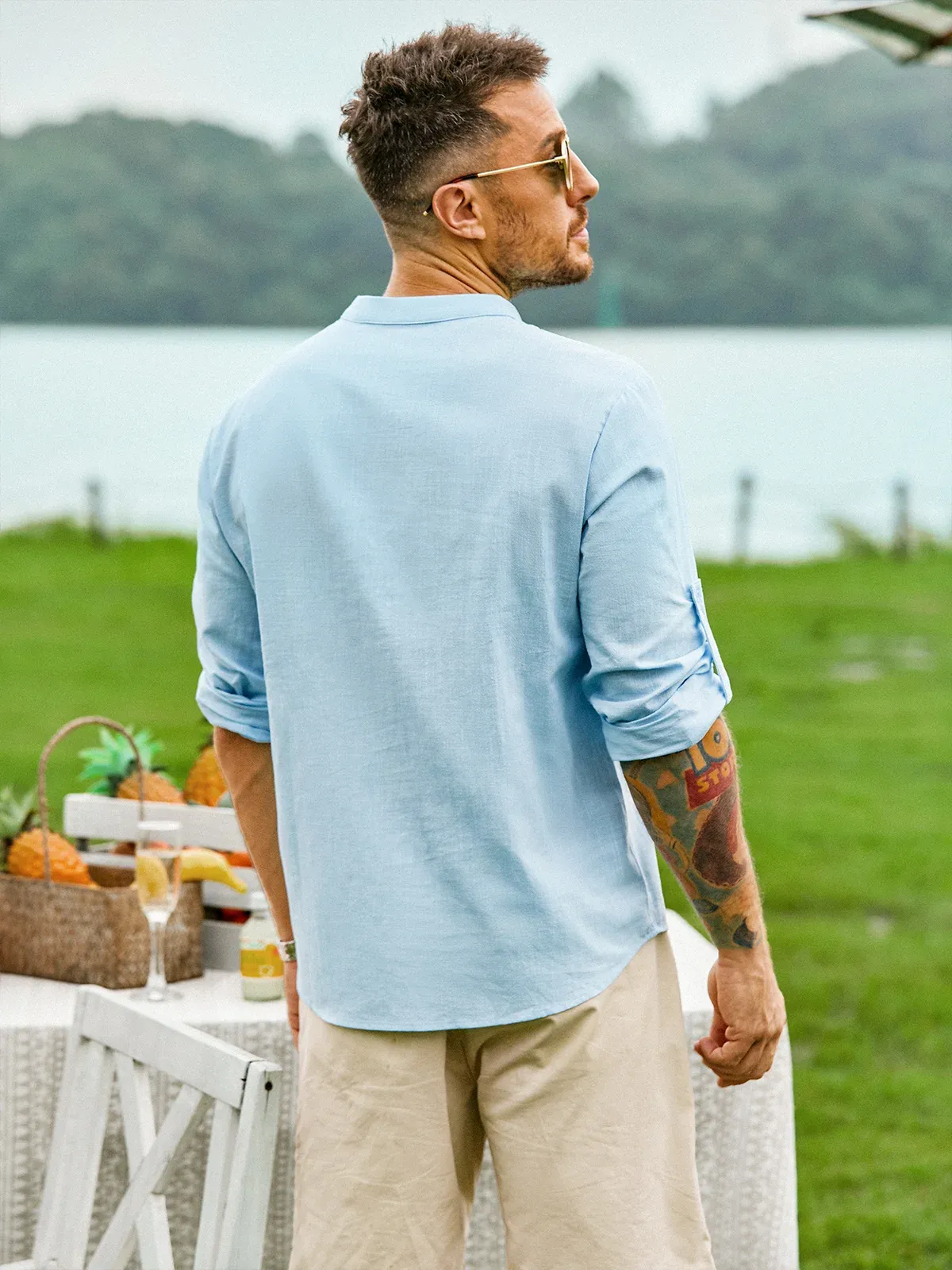 Cotton Linen Plain Color Casual Light Blue Regular Fit Long Sleeve Shirt Hawaiian Shirts For Men