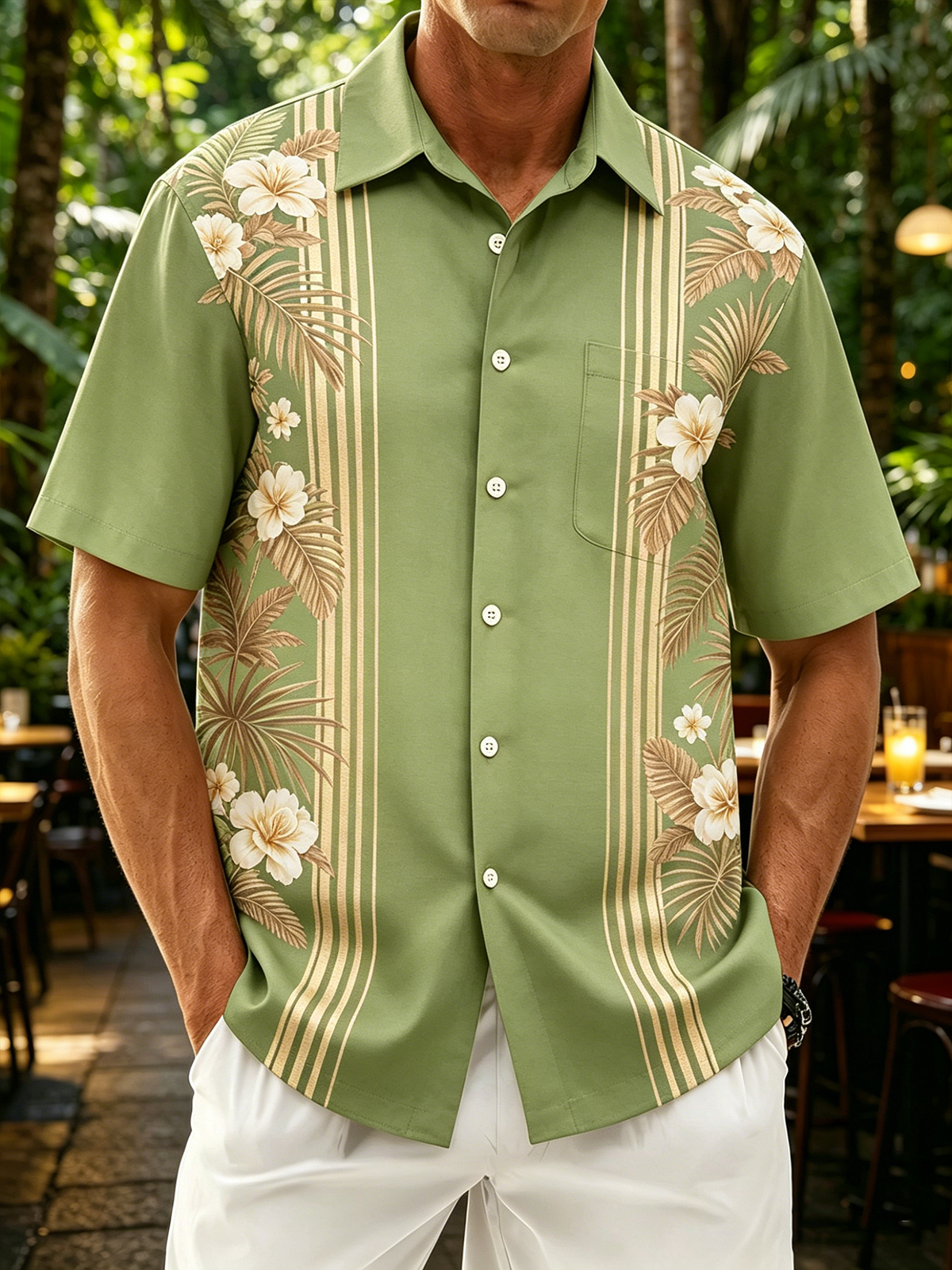 Moisture-Wicking Tropical Gradient Botanical Floral Vintage Car Chest Pocket Detail Festive Hawaiian Shirt