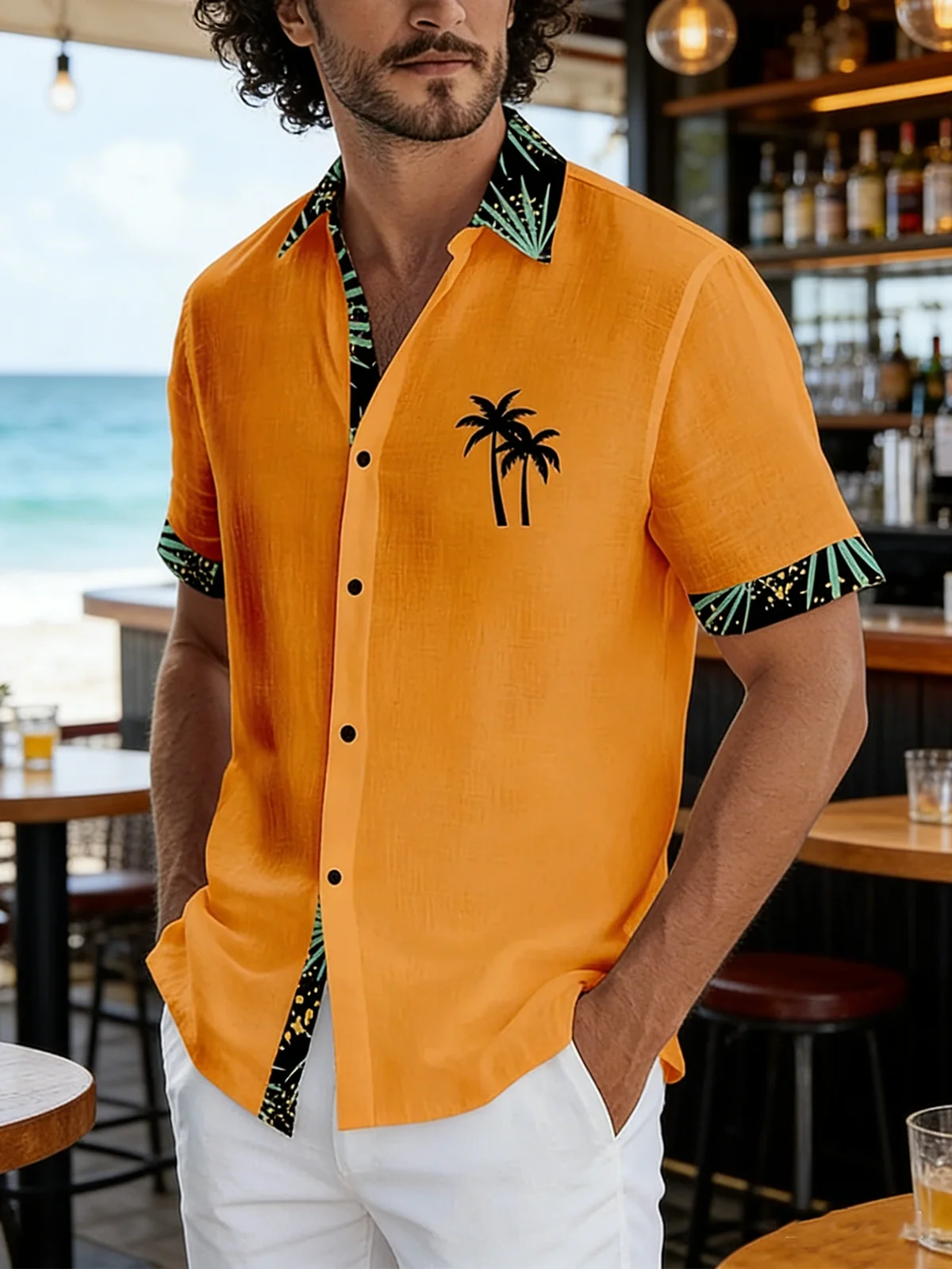 Linen Texture Solid & Botanical Floral Patchwork Chest Pocket Holiday Hawaiian Shirt