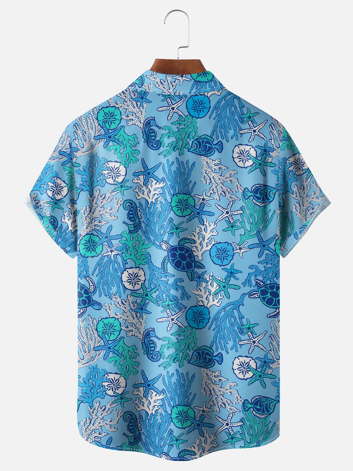 Moisture-wicking Marine Life Coral Sea Turtle Starfish Jellyfish Chest Pocket Hawaiian Shirt