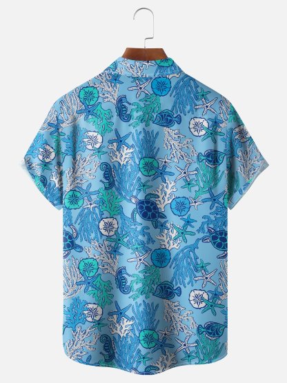 Moisture-wicking Marine Life Coral Sea Turtle Starfish Jellyfish Chest Pocket Hawaiian Shirt