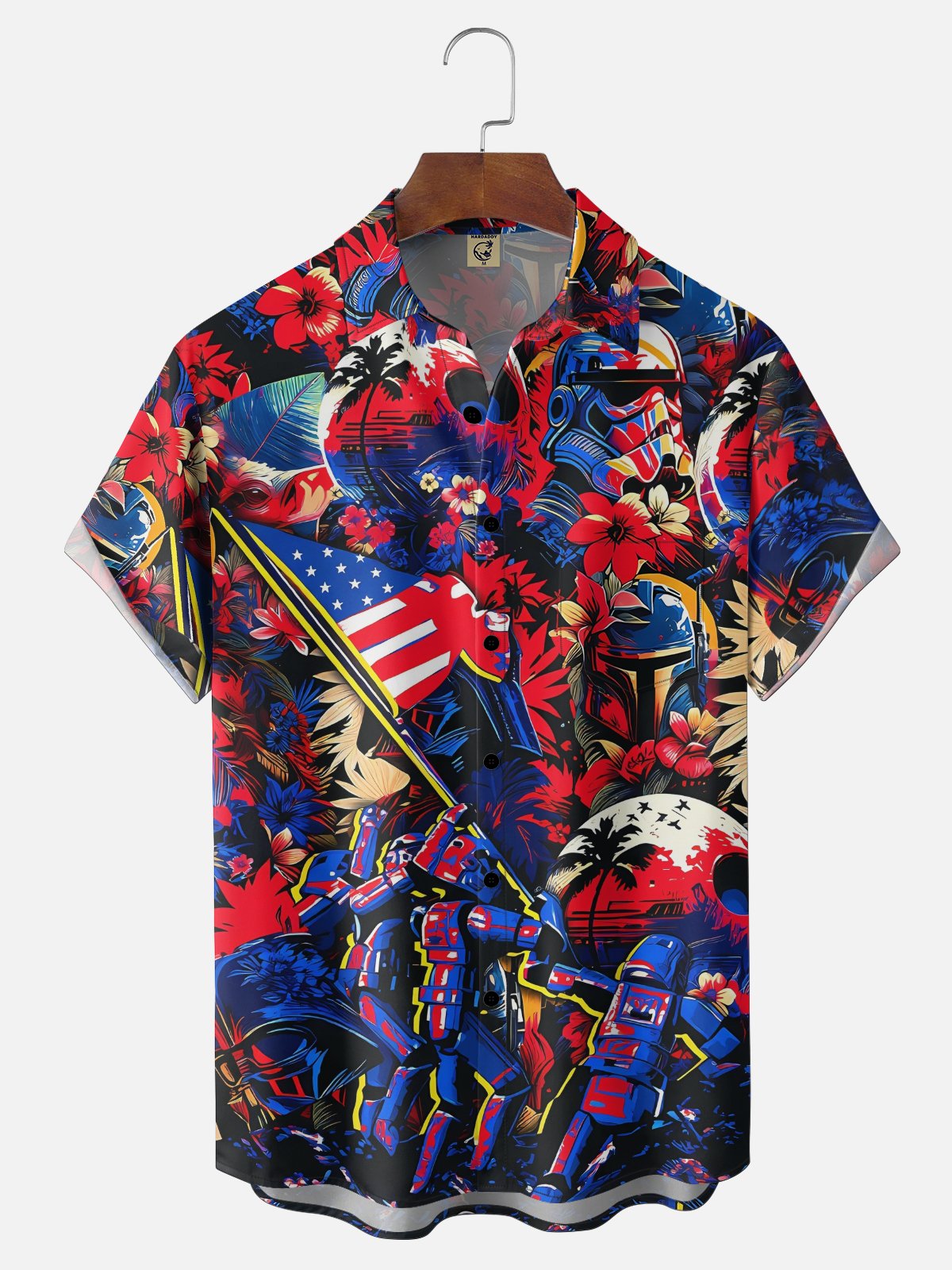 Moisture-Wicking Botanical & U.S. Flag Star Warrior Chest Pocket Holiday Hawaiian Shirt