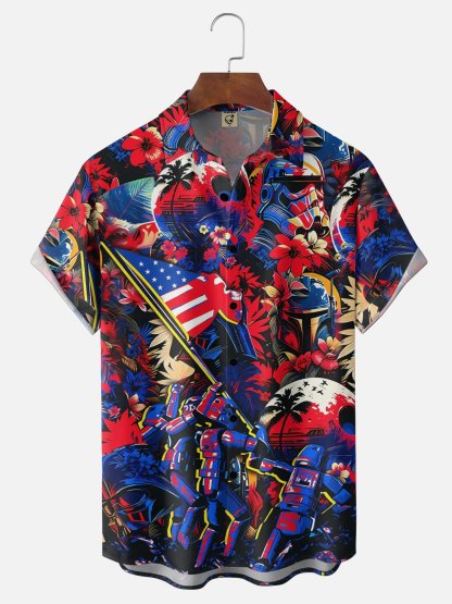 Moisture-Wicking Botanical & U.S. Flag Star Warrior Chest Pocket Holiday Hawaiian Shirt