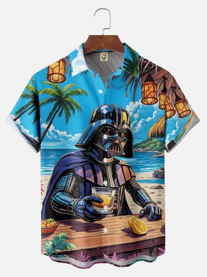 Big Size Moisture-wicking Star Beach Coconut Tree Chest Pocket Hawaiian Shirt