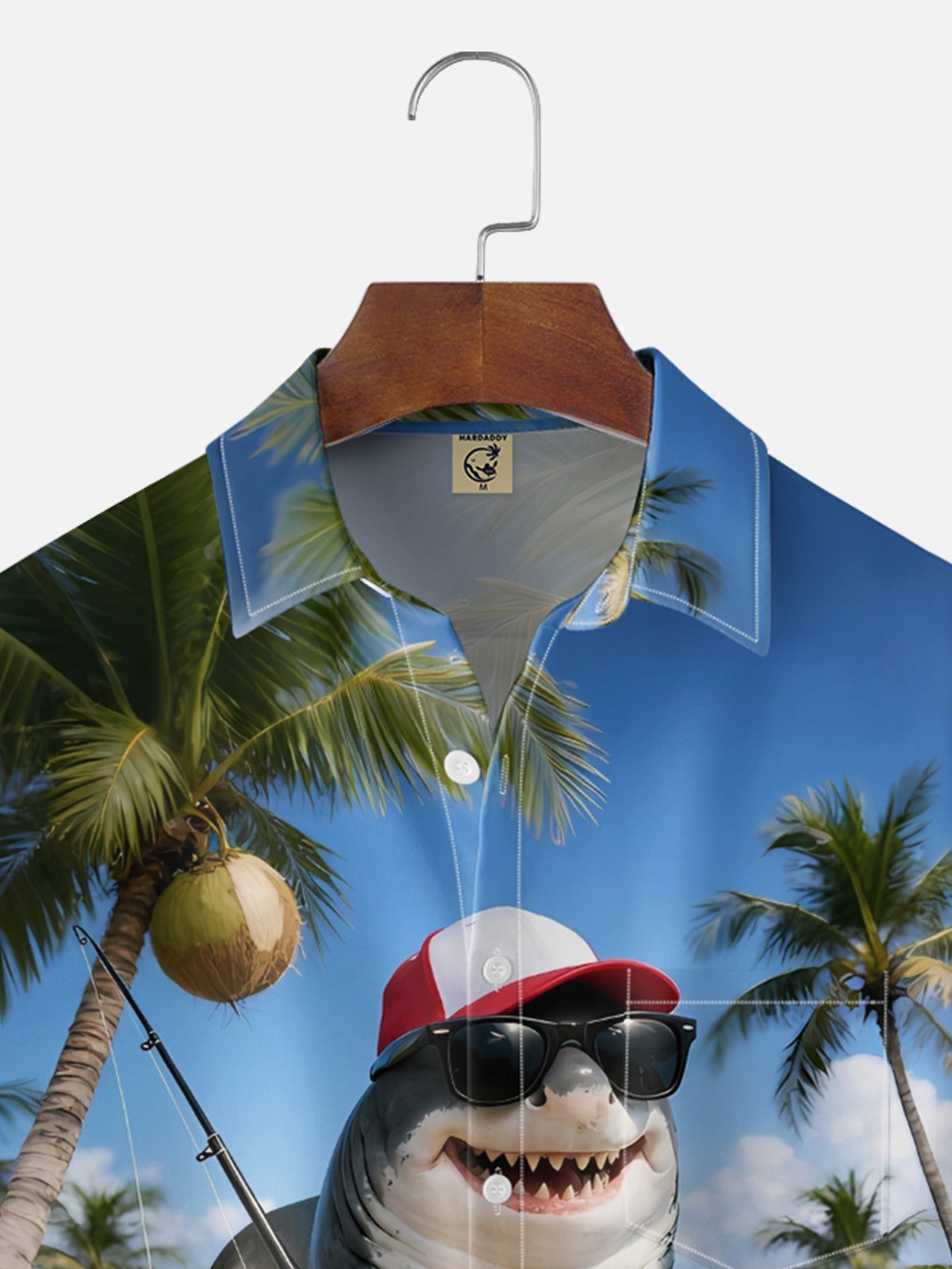 Moisture-wicking Shark Beach Coconut Tree Chest Pocket Hawaiian Shirt