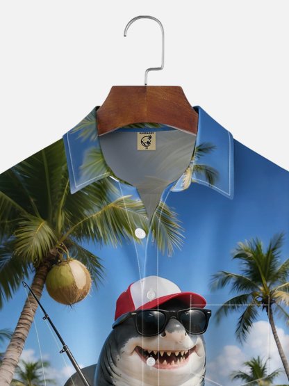 Moisture-wicking Shark Beach Coconut Tree Chest Pocket Hawaiian Shirt