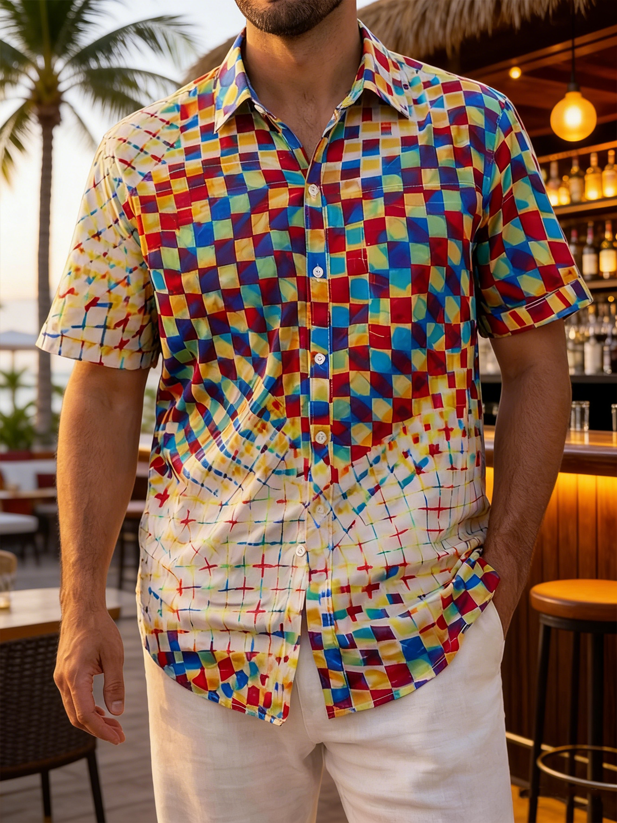 Moisture Wicking Abstract Gradient Geometric Chest Pocke Holiday Hawaiian Shirt
