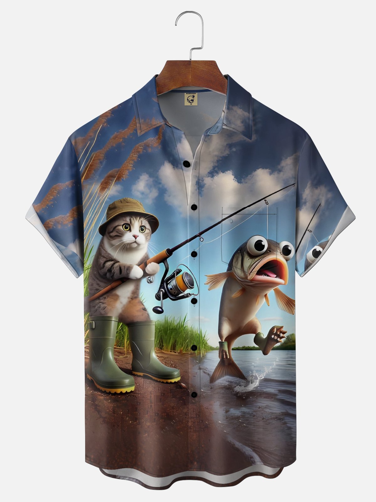 Moisture Wicking Fun Cat Fishing Chest Pocke Holiday Hawaiian Shirt