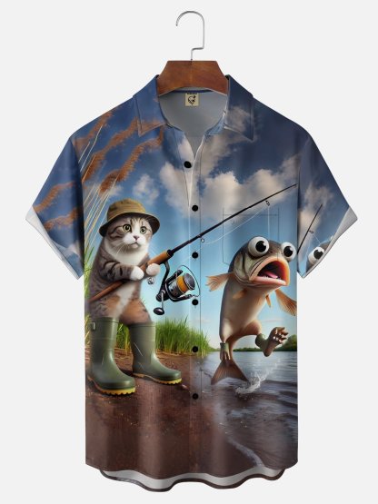 Moisture Wicking Fun Cat Fishing Chest Pocke Holiday Hawaiian Shirt