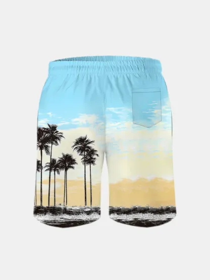 Men's Swim Trunks Hawaiian Tropical Palm Tree Beach Shorts with Pockets