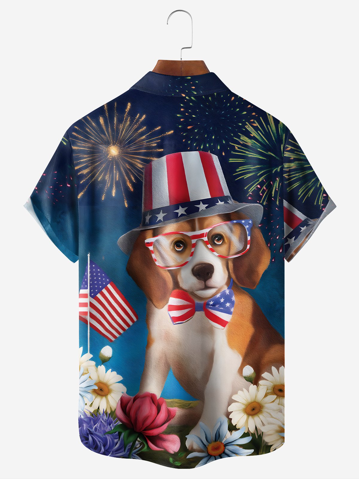 Moisture-wicking American Flag Cartoon Puppy Chest Pocket Hawaiian Shirt